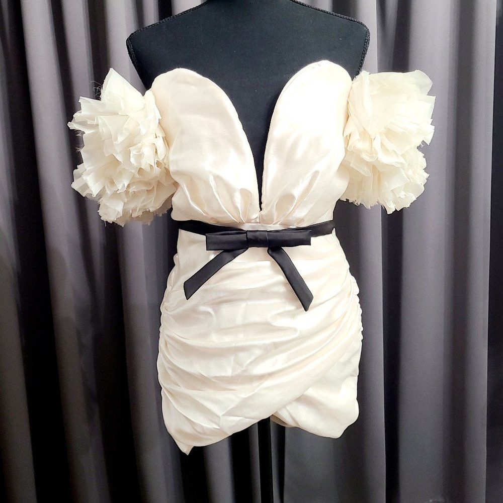 Ivory Puff Sleeve Sweetheart Belted Mini